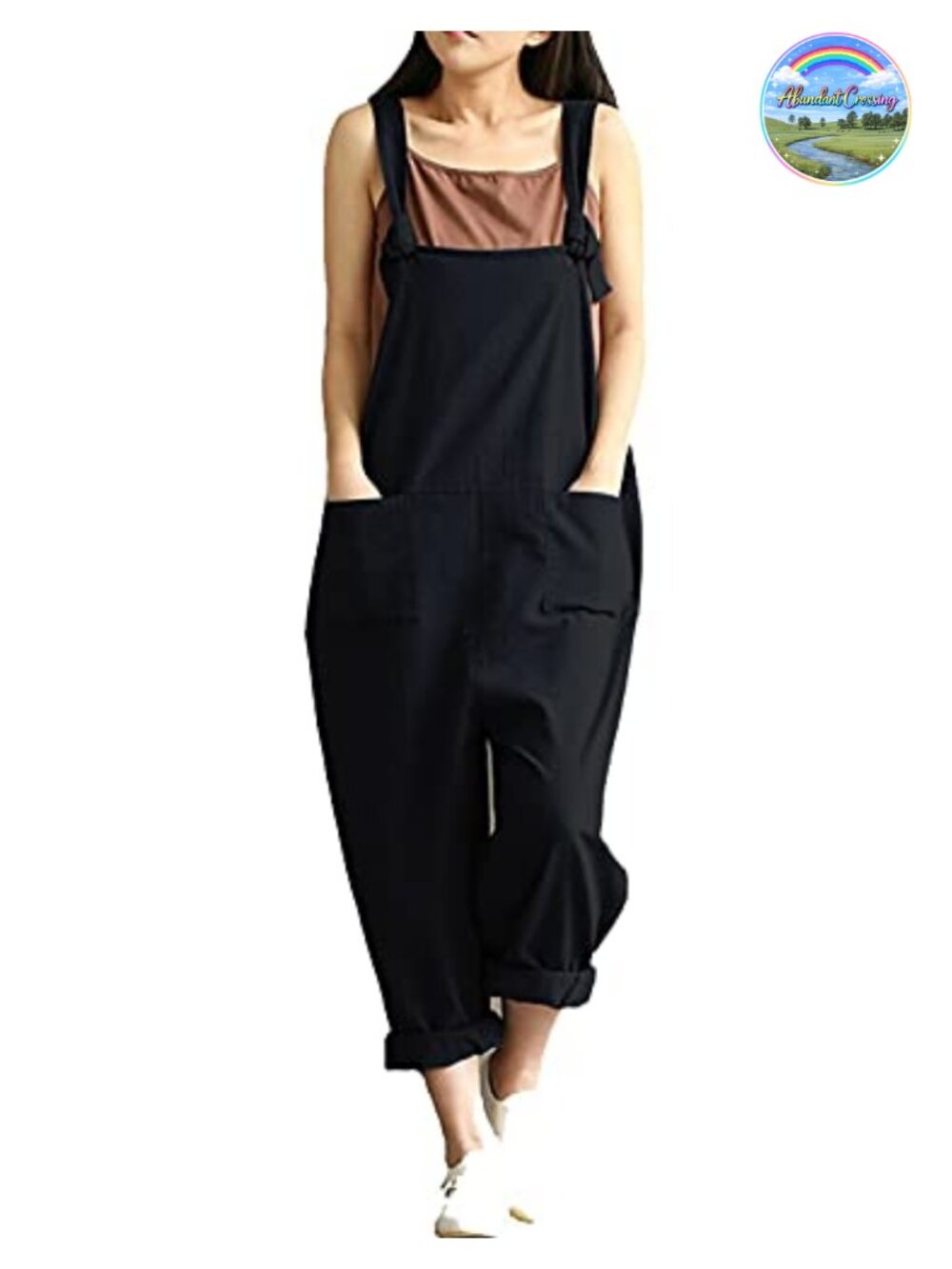 Linen Blend Wide Leg Overalls Adjustable Strap Side Pockets Bib Jumpsuit